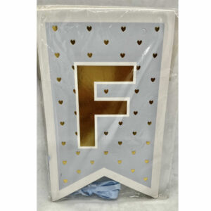 BANDERIN FELIZ CUMPLEAÑOS CELESTE CON CORAZONES DORADOS