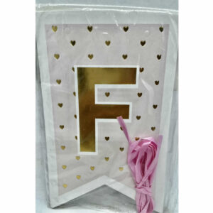 BANDERIN FELIZ CUMPLEAÑOS ROSA CON CORAZONES DORADOS