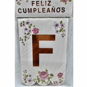 BANDERIN FELIZ CUMPLEAÑOS ROSA CON FLORES