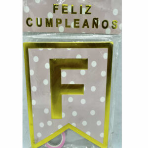 BANDERIN FELIZ CUMPLEAÑOS ROSA CON BORDES Y PUNTOS