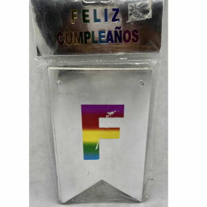 BANDERIN FELIZ CUMPLEAÑOS PLATA CON LETRAS MULTICOLOR