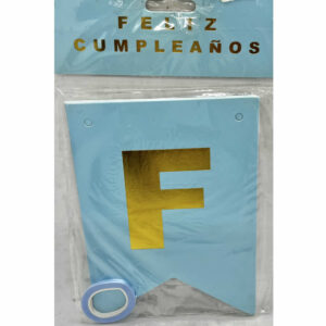 BANDERIN FELIZ CUMPLEAÑOS CELESTE CON DORADO