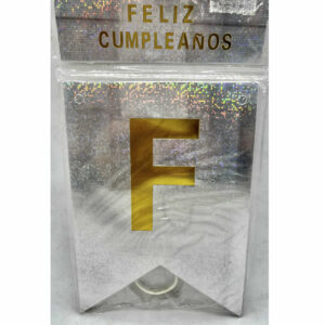 BANDERIN FELIZ CUMPLEAÑOS METALIZADA PLATA CON LETRAS DORADAS
