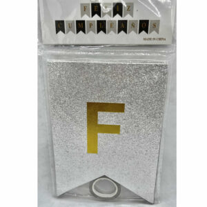 BANDERIN FELIZ CUMPLEAÑOS PLATA GIBRE CON LETRAS DORADA