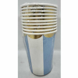 VASO POLIPAPEL RAYADO CELESTE Y BLANCO BORDE DORADO