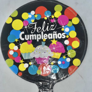 GLOBO FELIZ CUMPLEANOS MINI negro con circulos colores