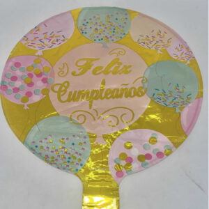 GLOBO FELIZ CUMPLEANOS MINI DORADO con puntos colores