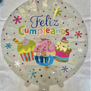 GLOBO FELIZ CUMPLEANIOS MULTICOLOR CON CUPCAKES