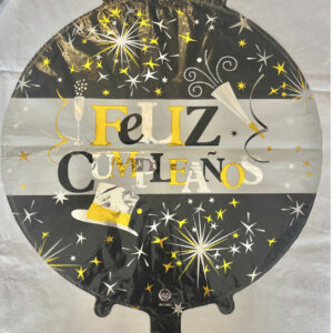 GLOBO FELIZ CUMPLEANIOS NEGRO DORADO PLATA CON GALERA