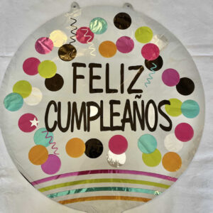 GLOBO FELIZ CUMPLEANIOS BLANCO CON PUNTOS DE COLORES 18"