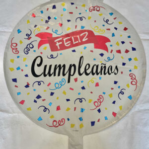 GLOBO FELIZ CUMPLEANIOS BLANCOS CON OUNTITOS DE COLORES 18"